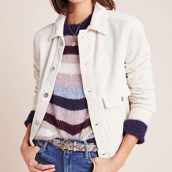 Anthropologie Corduroy Cropped Trucker Jacket L White - Picture 1 of 10